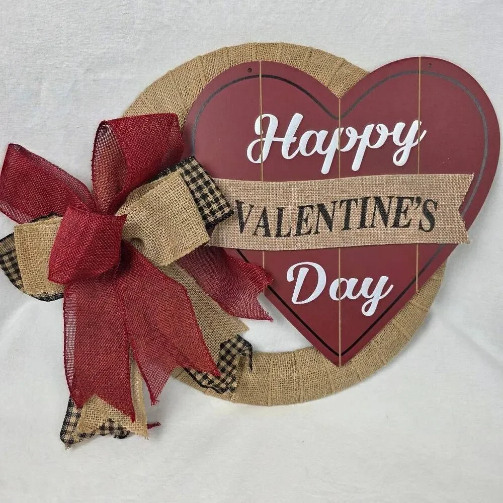 Happy Valentine's Day Heart Sign Burlap Wreath Red Bow Wooden Door Hanger Decor